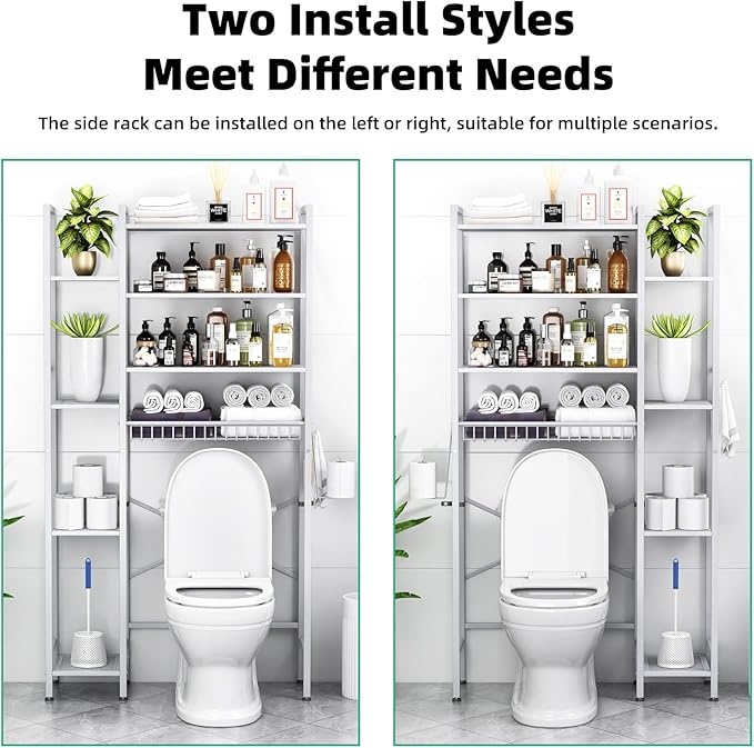 8-Tier Over The Toilet Storage with Side Rack, Over Toilet Storage Rack with Adjustable Shelf & Drain Basket, Freestanding Bathroom Organizer for Balcony, Laundry (Pure White)