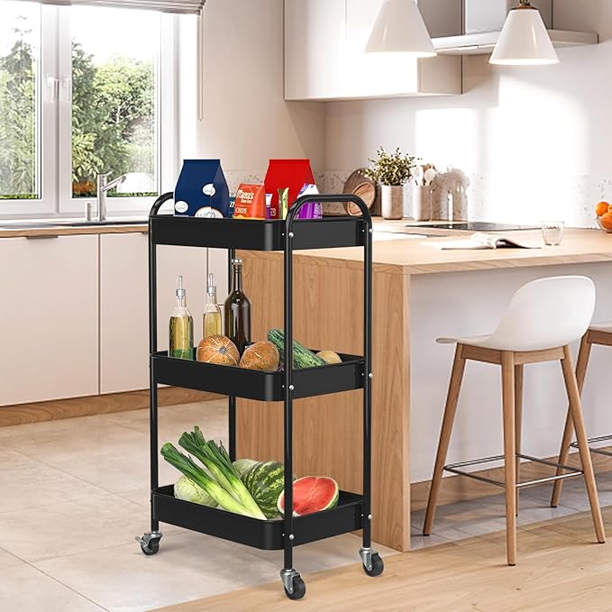 3-Tier Rolling Metal Storage Cart with Wheels, Multi-Functional Organizer for Office, Kitchen, Bathroom, Books Diapers - Easy Assembly (Black)-NeatNest