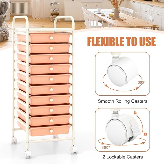 COSTWAY 10-Drawer Rolling Storage Cart, Utility Mobile Trolley with Removable Drawers & Universal Casters & 2 Brakes, Versatile Flexible Drawer Organizer Cart for Home, Office, Peach-NeatNest