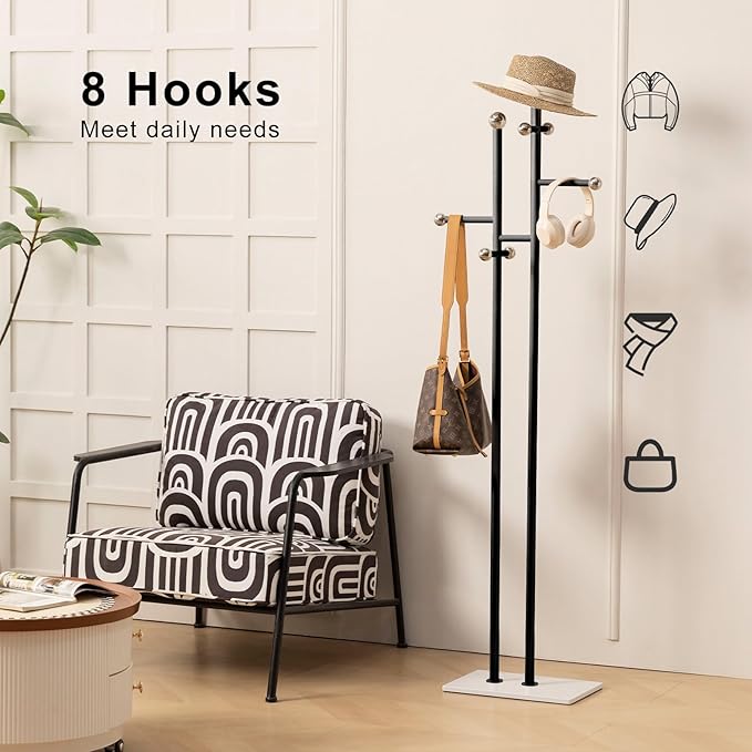 Coat Rack Freestanding with Marble Base Sturdy Coat Tree Heavy Duty Clothes Rack for Entryway Bedroom Living Room Hotel 14.96 x 10.24 x 68.9 Inches (Black)-NeatNest