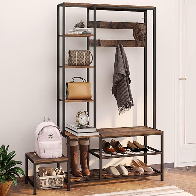 Hall Tree with Shoe Storage Bench Coat Rack with 7 Hooks Interchangeable 4 Tier Side Storage Shelves Small Cute Side Bench Industrial 5-in-1 Entryway Coat Rack for Hallway Mudroom Bedroom