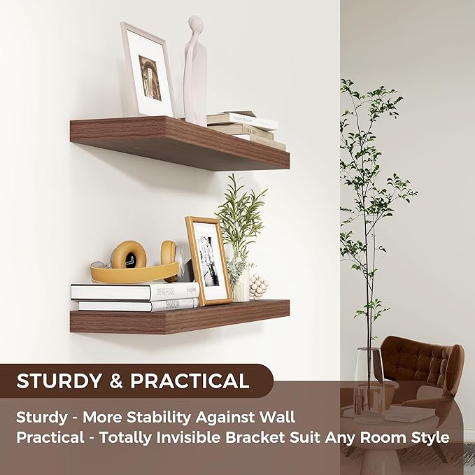 Floating Shelves for Wall, 24"W x 6.7"D x 1.4"H, 2 Pack of Long Wall Mounted Engineered Wood Shelves with Invisible Brackets for Living Room, Bedroom, Bathroom, Kitchen Decor and Storage, Walnut-NeatNest