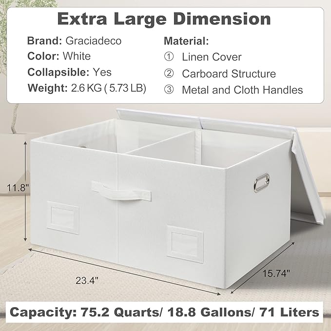 75 Quarts Extra Large Decorative Storage Bins with Lids, 1 Pack White Collapsible Storage Bins with Lids, Stackable Storage Bins Decorative Box Storage With Lid Extra Large-NeatNest