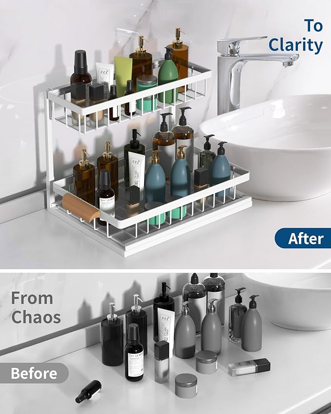 2 Pack Under Sink Organizer,Metal Pull Out Kitchen Cabinet Organizer with Sliding Drawer,Sturdy Multi-functional for Bathroom Organization,White-NeatNest