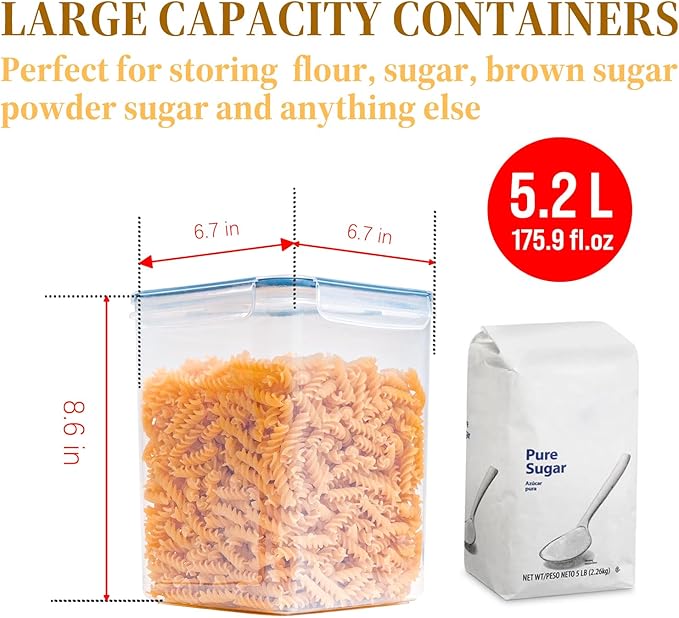 4-Pack 5.2L Airtight Food Storage Containers, BPA-Free Plastic Canisters for Flour, Rice, Pasta & Cereal, Kitchen Pantry Organization with Lids, Labels & Measuring Cups