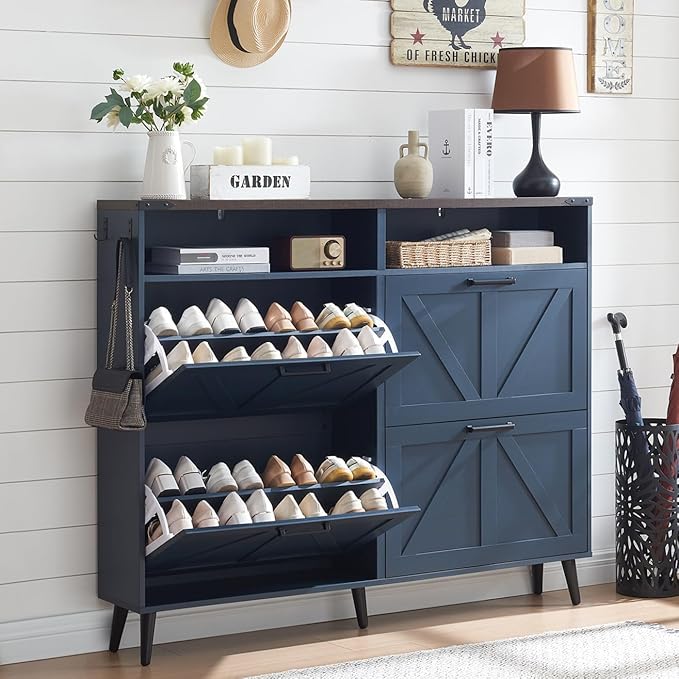 Shoe Storage Cabinet,Farmhouse Shoe Organizer with 4 Flip Drawers & Barn Door Design,Freestanding Hidden Slim Narrow Shoe Rack Cabinet with Open Shelves for Entryway,Foyer,Hallway,Blue-NeatNest