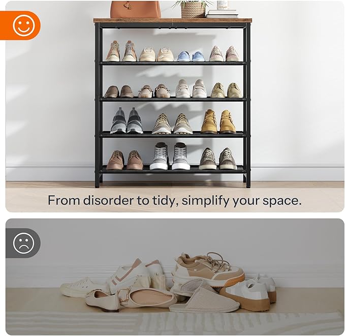HOOBRO Shoe Rack with 4 PU Shelves, 5-Tier Shoe Storage Organizer for Closet and Entryway, Holds 12-16 Pairs of Shoes, Sturdy Metal Frame, Small Spaces, Rustic Brown and Black BF95XJ01-NeatNest