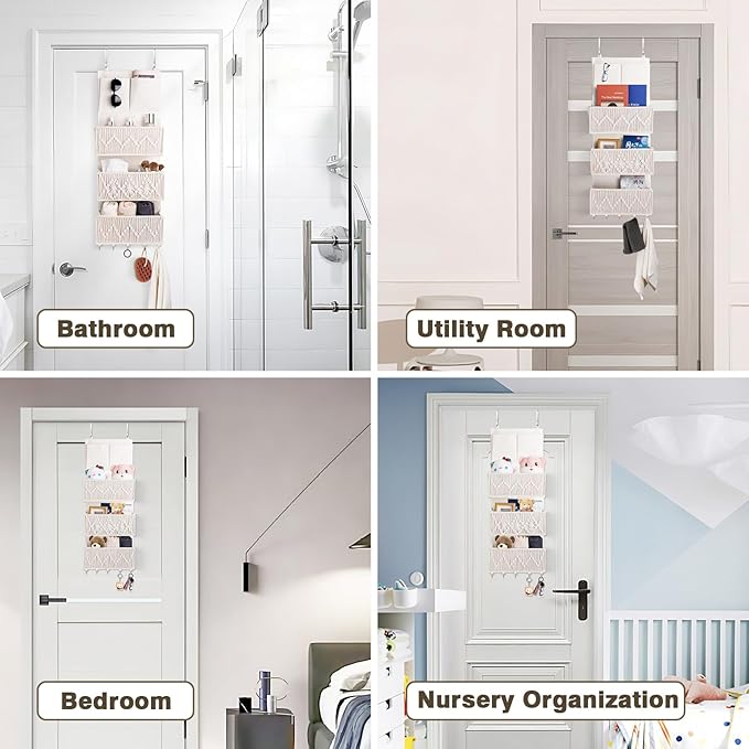 ANTIS'S HOME Over The Door Organizer Boho Bedroom Decor Nursery Storage with 3 Large Woven Pockets, Macrame Nursery Organizers and Toys Storage, Behind Door for Bathroom, Beige Back of Door Organizer-NeatNest
