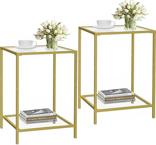 Side Tables Set of 2, End Table with Tempered Glass, 2-Tier Nightstands with Storage Shelves, Coffee Table with Modern Style, Square Sofa Table for Living Room, Bedroom, 15.7"D x 15.7"W, Golden