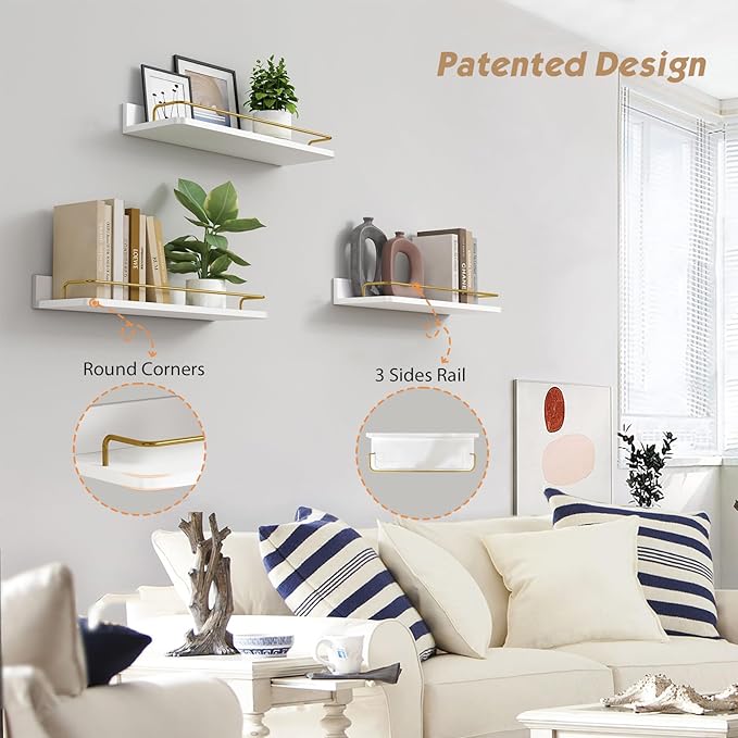 Forbena Gold Floating Shelves for Wall Decor Set of 3, Bathroom Shelves Over Toilet, Modern Display Wall Shelf with Guard Rail for Living Room Bedroom Organizers and Storage - White and Gold-NeatNest