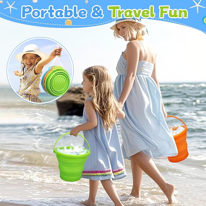 Foldable Beach Sand Toy Bucket for Kids Adults, Jumbo Collapsible Sandbox Bucket, Foldable Pail with Mesh Bag, Multi Use for Garden Beach, Camping, Easter Basket Gift, Fishing, Travelling 3PCS-NeatNest