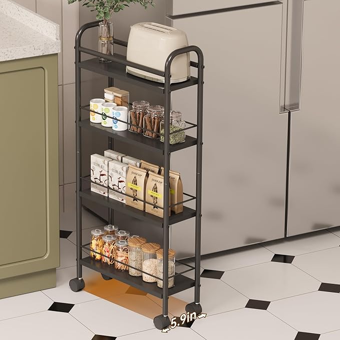 Black Slim Storage Cart, 4 Tier Rolling Utility Cart on Wheels, Slim Bathroom Storage for Small Spaces in Kitchen, Dining Room, Bathroom, Laundry Room, Black