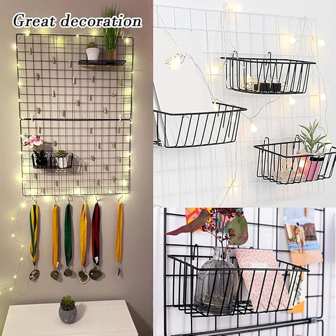 3 Pack Grid Panel Hanging Wire Basket, Storage and Display Basket for Wall, Kitchen, Home Decor Supplies, Potted Plants, Black