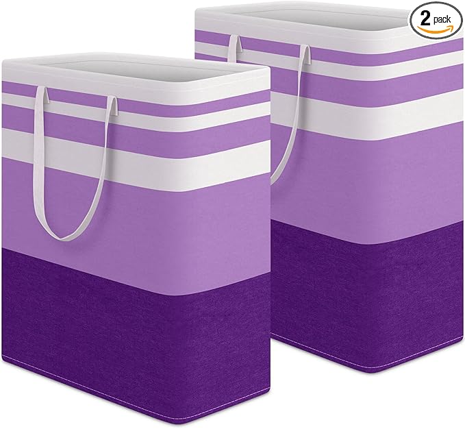 HomeHacks 2 Pack Large Laundry Baskets, Waterproof, Freestanding Laundry Hampers, Collapsible Clothes Hamper with Reinforced Handles in Laundry, College Dorm, Bathroom, Bedroom (Purple, 125Lx2)-NeatNest