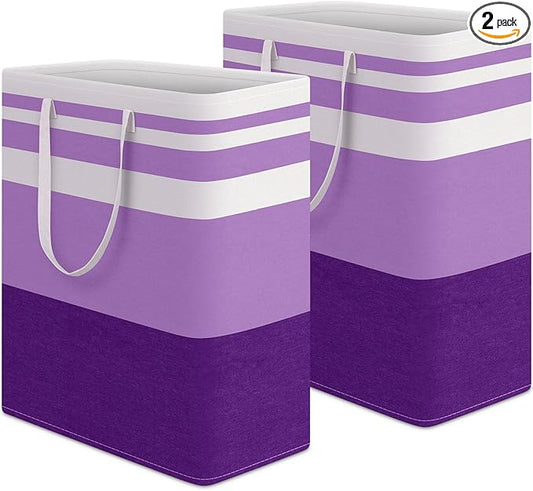 HomeHacks 2 Pack Large Laundry Baskets, Waterproof, Freestanding Laundry Hampers, Collapsible Clothes Hamper with Reinforced Handles in Laundry, College Dorm, Bathroom, Bedroom (Purple, 125Lx2)-NeatNest