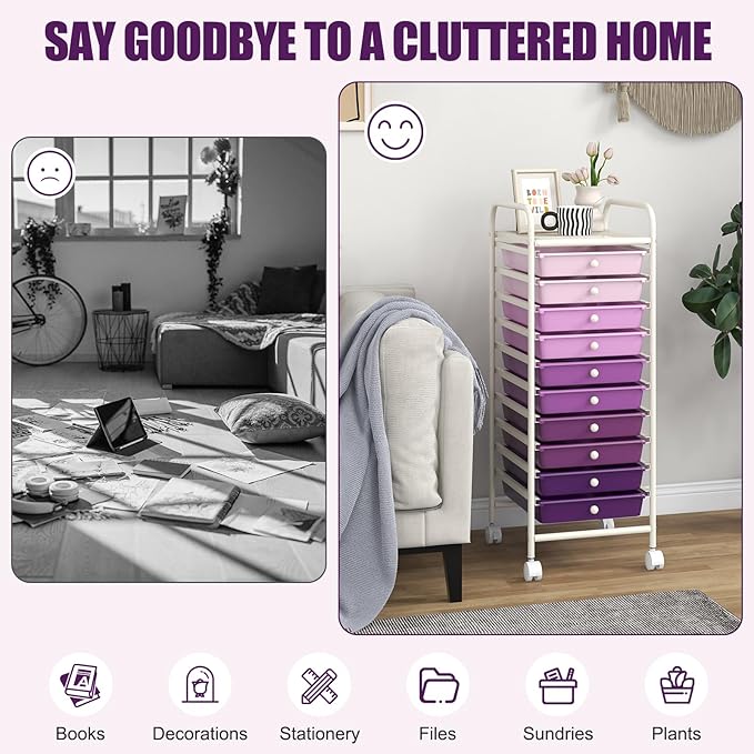 COSTWAY 10-Drawer Rolling Storage Cart, Utility Mobile Trolley with Removable Drawers & Universal Casters & 2 Brakes, Versatile Flexible Drawer Organizer Cart for Home, Office, Purple Gradient-NeatNest