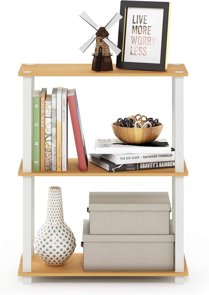 Furinno Turn-S-Tube 3-Tier Compact Multipurpose Shelf Display Rack, Square, Beech/White, 3-Tier Square Tubes-NeatNest