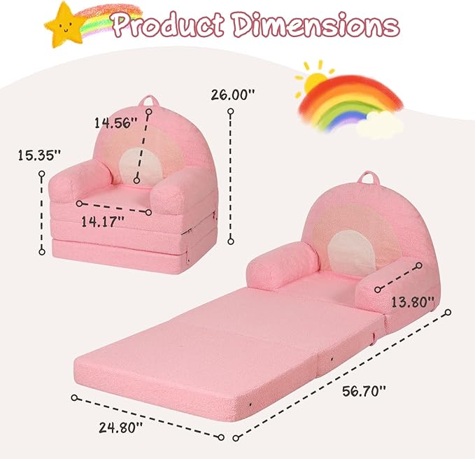 Foldable Kids Sofa, Comfy Rainbow Toddler Couch with Tri Folding Foam Cushions, Comfy Couch for Kid Age 3-6-NeatNest