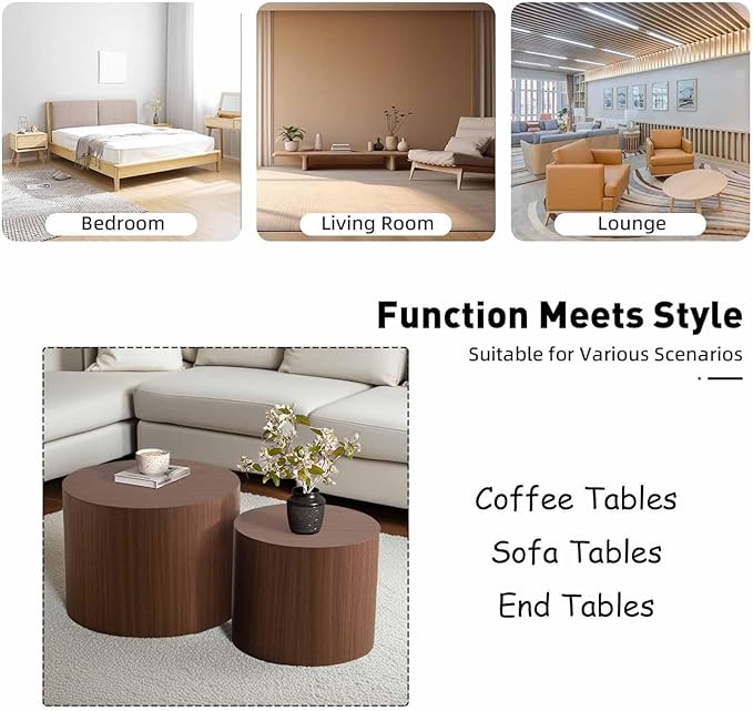 Modern Round Nesting Coffee Table Set of 2, Vertical Stripe Design Drum Coffee Table Cocktail Table, Round Side Table for Living Room, Bedroom, Office, Balcony (G14.6+18.1")
