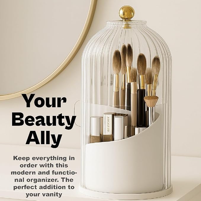 LIVINGHOME 360° Rotating Makeup Organizer – Clear Acrylic Makeup Brush Holder with Lid – Large Vanity Makeup Storage for Brushes, Lipsticks & Skincare – Stylish Countertop Cosmetic Organizer-NeatNest