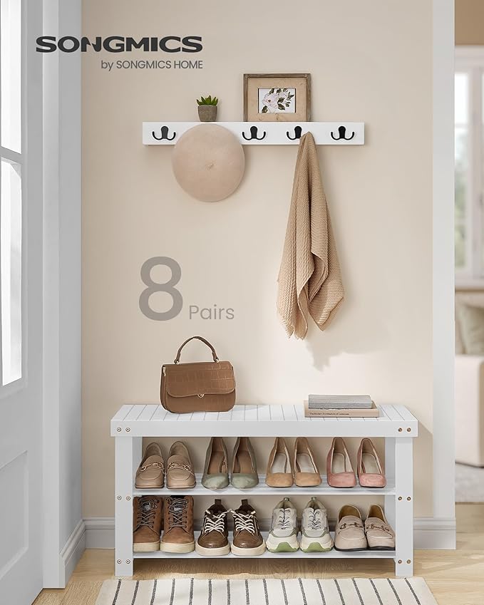 SONGMICS Shoe Rack Bench, 3-Tier Bamboo Shoe Storage Organizer, Entryway Bench, Holds Up to 286 lb, 11.3 x 35.4 x 17.8 Inches, for Entryway Bathroom Bedroom, Cloud White ULBS090W01-NeatNest