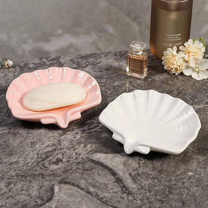 Ceramic Soap Holder, Sea-Shell Soap Tray with Self Draining, Soap Tray for Sink Washroom Bathroom Shower, Small Cute and Elegant Holder with Glaze, Easy Cleaning (Pink)-NeatNest