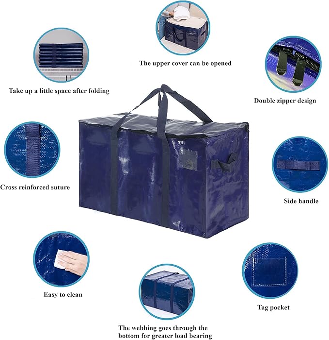 Extra Heavy Duty Large Moving Bags with Strong Zipper & Comfortable Handles, Sturdy & Durable Clothes Storage Bags Totes Bins, Dark Blue Packing Moving Boxes (4-pack)