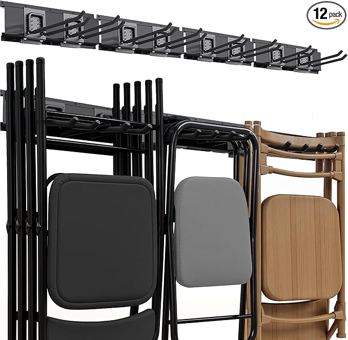Garage Tool Organizer Wall Mount | 64-Inch Garage Wall Organizer & Folding Chair Rack | Heavy-Duty Tool Hanger System | 12-Piece Kit with 4 Steel Rails & 8 Adjustable Hooks | 400 lbs Capacity