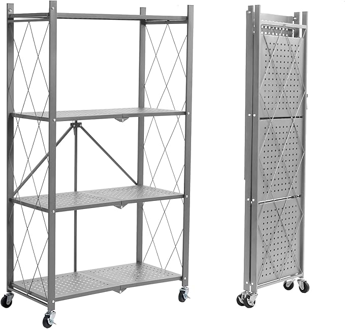BRIAN & DANY 4-Shelf Foldable Storage Shelves with Wheels, Folding Metal Rack Shelving Unit, Heavy Duty No Assembly Organizer Shelf for Garage, Kitchen, Basement, Pantry, Gray-NeatNest
