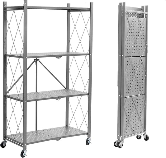BRIAN & DANY 4-Shelf Foldable Storage Shelves with Wheels, Folding Metal Rack Shelving Unit, Heavy Duty No Assembly Organizer Shelf for Garage, Kitchen, Basement, Pantry, Gray-NeatNest