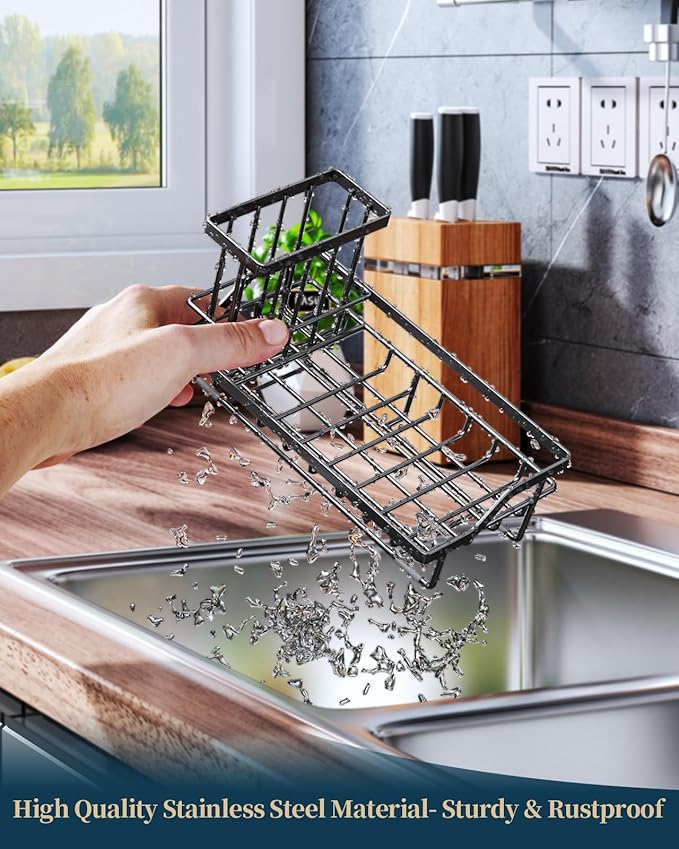 Consumest Sink Caddy, Kitchen Sponge Holder with Dish Brush Holder, Kitchen Sink Organizer with Drip Tray for Countertop Stainless Steel Rustproof, Black-Large-NeatNest