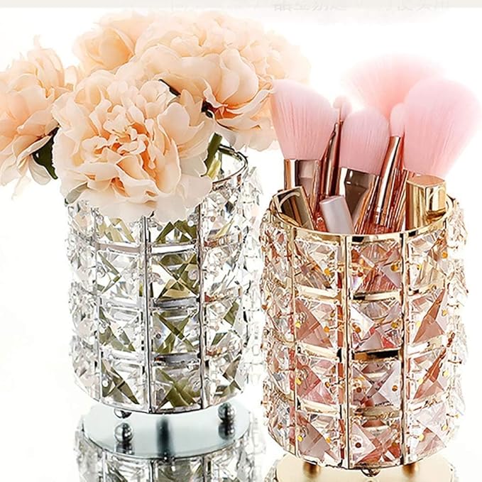 AKOAK 1 Pack Crystal Makeup Brush Holder Office Supplies Storage Rack Eyebrow Pencil/Lipstick/Pencil Makeup Container, Dressing Table, Bedroom, Office (Silver)-NeatNest