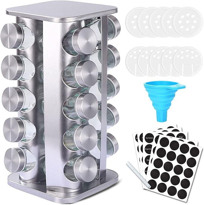 KALINCO Revolving Spice Organizer - 20-Jar Spice Carousel Tower - Cabinet Spice Rack