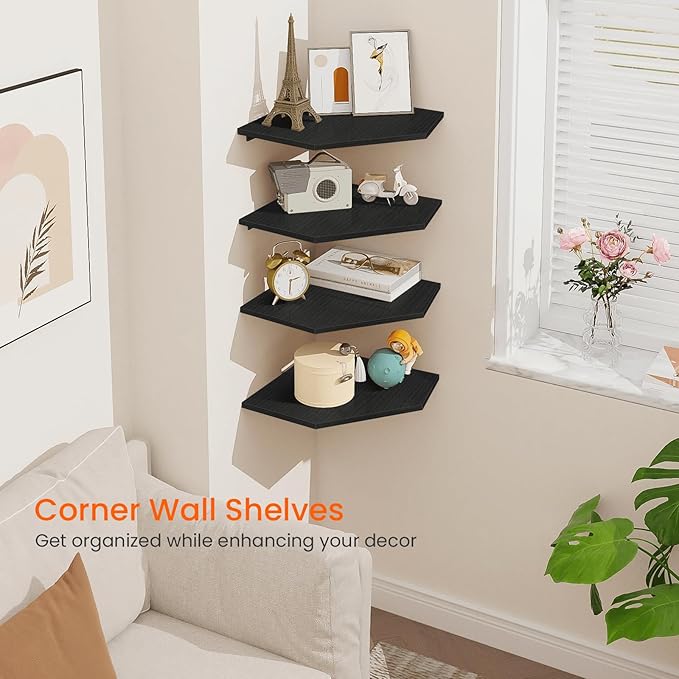 Homode Corner Floating Shelves, Corner Shelves Wall Mounted with Cord Hole, 4 Tier Diamond Shape Corner Hanging Shelving for Wall Storage, for Cable Box, TV Cords, Books, Plants, Black-NeatNest