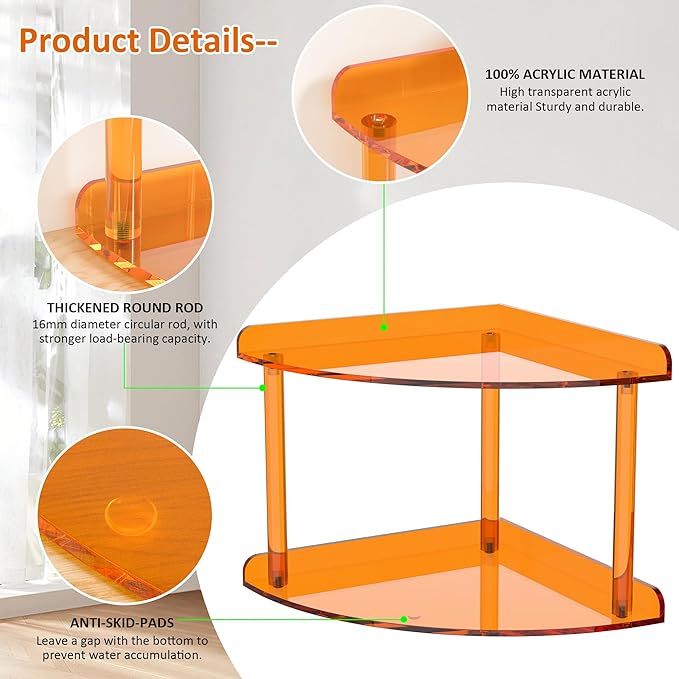 2 Tier Acrylic Corner Shelf Organizer Storage 9.5x9.5x8 Inch, Orange Countertop Corner Shelf for Bathroom, Kitchen, Bedroom, Office, Study Room-NeatNest