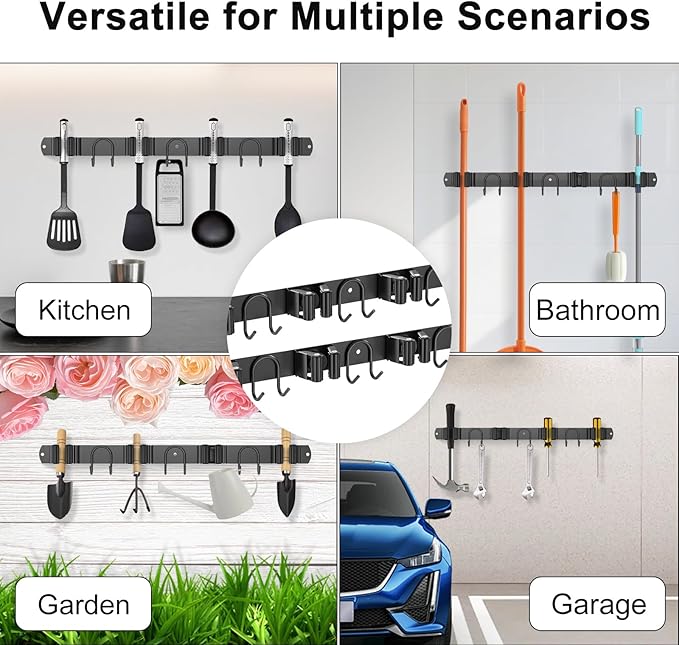 Broom Holder Wall Mount, 2 Packs Black Stainless Steel Tool Storage Organizer for Kitchen Garden Garage Laundry Room Bathroom and RV with 4 Slots 6 Hooks-NeatNest