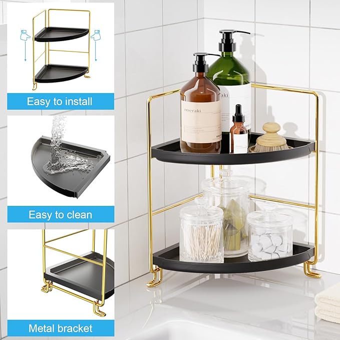 FSyueyun 2-Tier Corner Bathroom Counter Organizer, Tool-Less Installation Vanity Shelf Small Plastics Countertop Makeup Tray Skincare Perfume Organizers (Gold & Black)-NeatNest