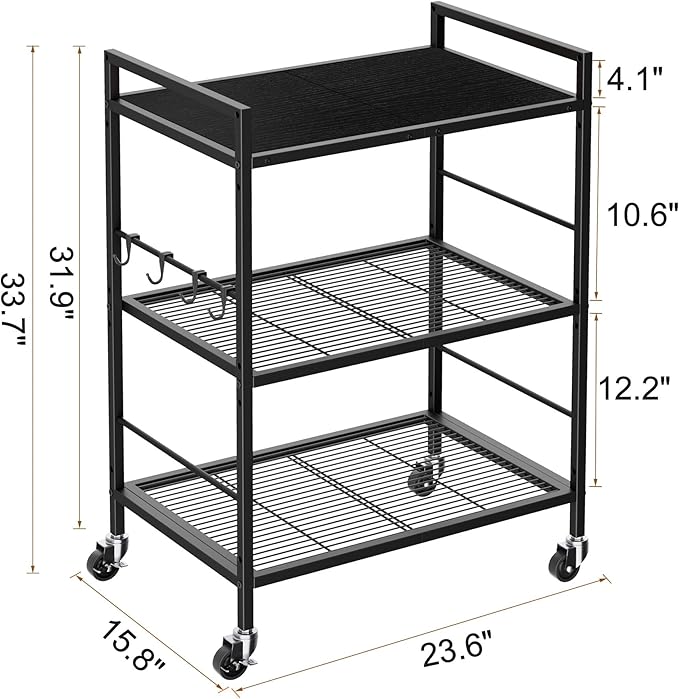 3-Tier Metal Storage Rack with Industrial Wheels,Mesh Shelving Unit with Wooden Table top,Adjustable Shelf,23.6-Inch Width,15.8-Inch Depth, for Kitchen, Laundry,Pantry,Plant,Black panel