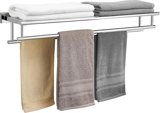 Bathroom Towel Rack with Double Towel Bar 32 Inch Bathroom Hotel Shower Shelf SUS304 Stainless Steel Modern Wall Mounted Holder Polished Chrome