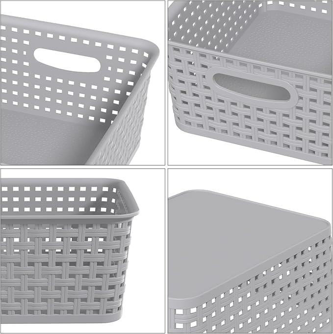 6 Packs Plastic Storage Baskets for Organizing Shelves Drawers Desktop, Small Pantry Organization, Grey