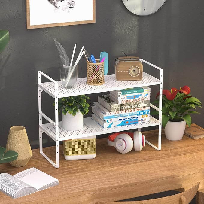 Cabinet Organizer Shelves,Expandable Spice Racks,Countertop Stackable Shelves Space Saving for Pantry,Counter,Under Sink,Inside Cabinet Storage,White,2 Packs-NeatNest