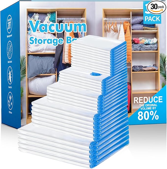 Vacuum Storage Bags, 30 Pack Vacuum Seal Bags for Clothing (5 Jumbo/5 Large/5 Medium/5 Small/10 Roll-Up Bag), Suitable Space Saving Solution for Clothes, Bedding, Blankets, Pillows and Travel-NeatNest