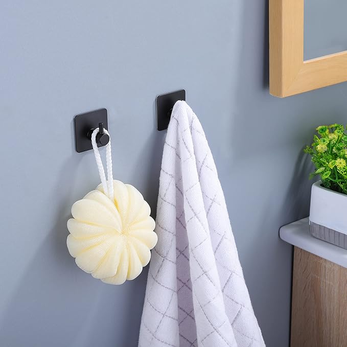 Taozun Towel Bar - Towel Holder with 2 Packs Adhesive Hooks Black 16-Inch Hand Towel Rack Stick on Wall, Stainless Steel Bathroom Hardware Accessory Kit