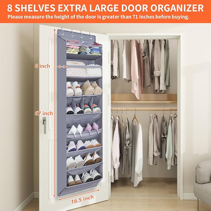 FENTEC 1 Pack Over The Door Shoe Organizer,68" Exlarge Deep Pockets Hanging Shoe Organizers, 8 Shelves Shoe Rack for Closet, Shoe Holder for Boots,Over Door Organizer in Home, RV, Dorm, Grey-NeatNest