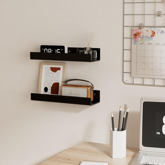 12 Inches Black Acrylic Wall Shelf for Home, 2 Pack, Acrylic Organizer Shelves for Wall, Wall Mounted Storage Display Shelf-NeatNest