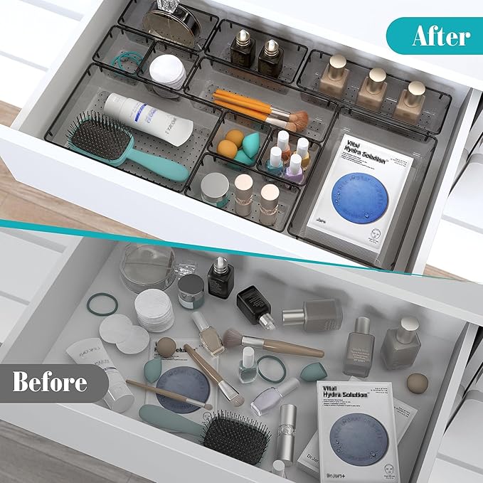 7 PCS Clear Plastic Drawer Organizers Set, 4 Size Desk Drawer Organizer Trays for Makeup, Jewelry, Kitchen Utensils, Gadgets and Office Accessories, Black-NeatNest