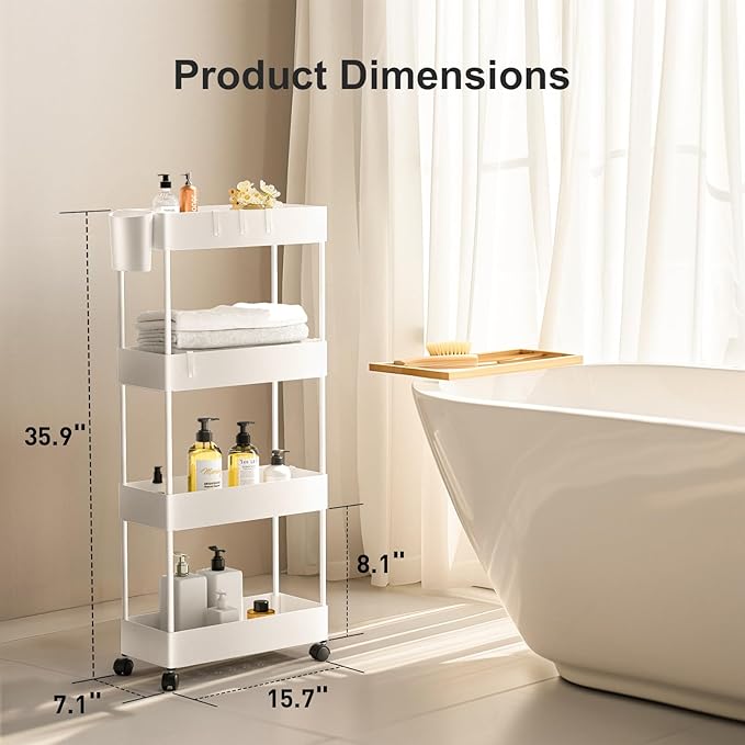 Pipishell Slim Storage Cart with Wheels, 4 Tier Bathroom Storage Organizer Rolling Utility Cart for Bathroom Kitchen Laundry Room Office Narrow Place (White)-NeatNest