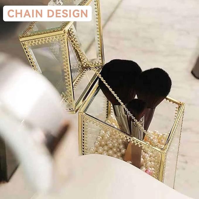 Glass Makeup Brush Holder with Lid Organizer Vintage Cosmetic Hexagonal Display Cases Brush Storage with Free White Pearls - Gold-NeatNest