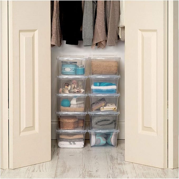 IRIS USA 7 Quarts Plastic Storage Container Bin with Latching Lid, 12 Pack, Nestable Box Tote Closet Game Organization Teacher Tools Art Supplies Shoe Shoebox Stackable