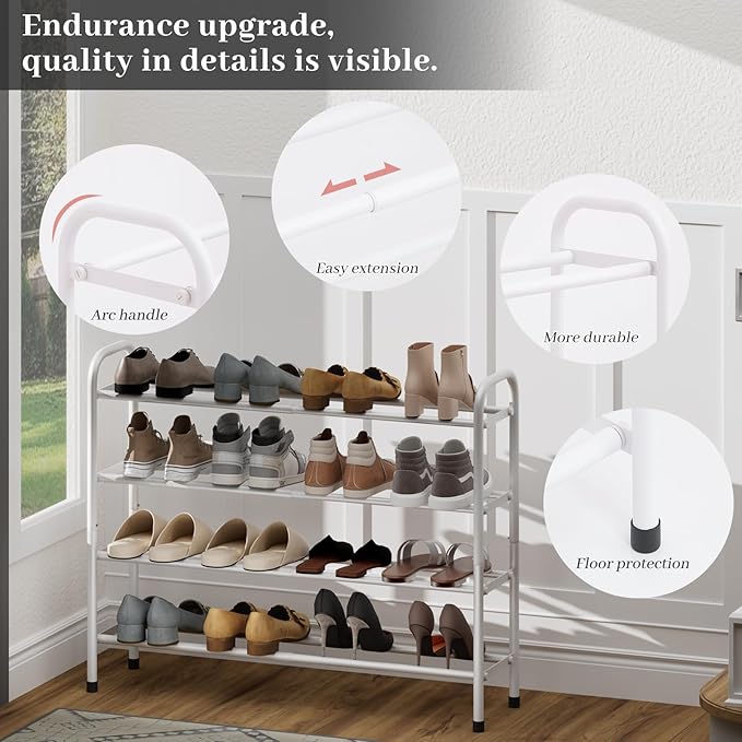 Expandable Shoe Rack, Adjustable Shoes Organizer Metal, Space-Saving Storage Shelf for Closet, Entryway, Front Door & Hallway,Sturdy and Easy Assembly (White, 4-Tier)